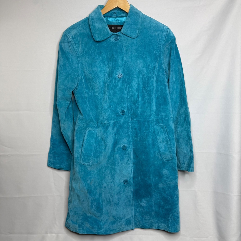 Centigrade Suede Leather Coat Turquoise Blue Button Front Mid Length Small